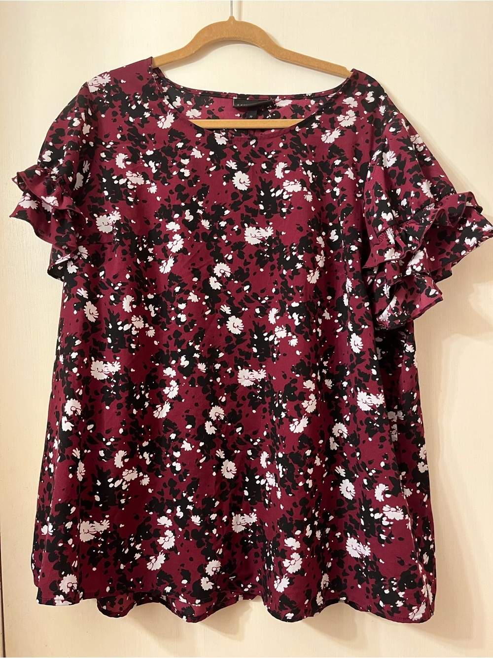 Lane Bryant Burgundy Floral Ruffle Sleeve Blouse